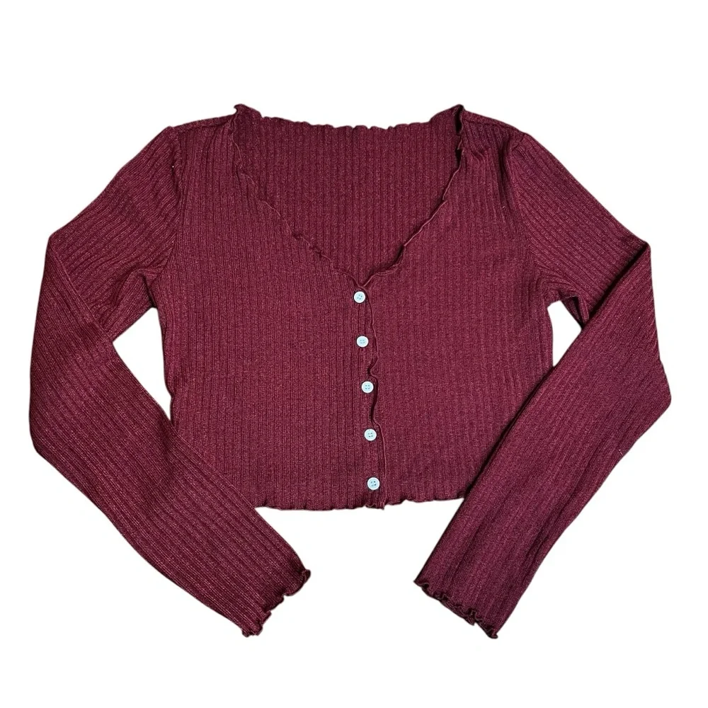 American Eagle Lettuce Trimmed Ribbed Burgundy Cardigan Button Down Size Small - Picture 1 of 6